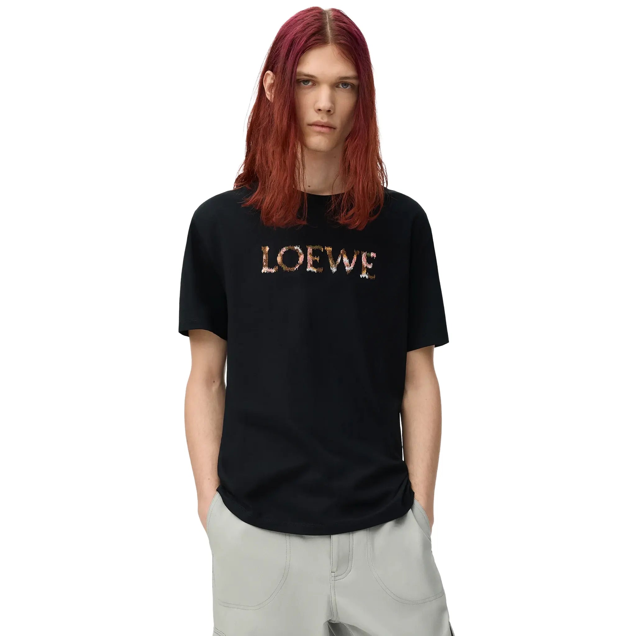 Front View of Loewe Relaxed Fit Cotton Black T Shirt H526Y22XCM-1100